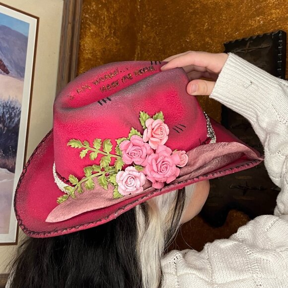 Hot Pink Fedora Cowboy styled hat Burned slogan New Adjustable Custom Made - Picture 4 of 5